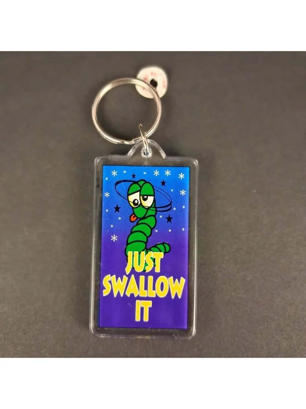 Funny Tequila Just Swallow It Keychain with Green Worm Cartoon Purple & Blue